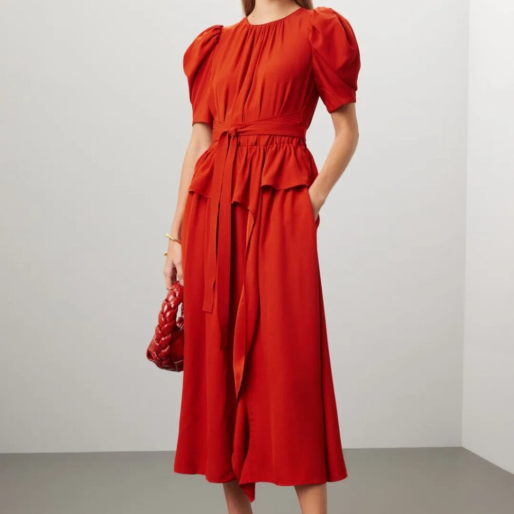 Ulla Johnson Marion Red Orange Puff Sleeve Belted Midi Dress 8